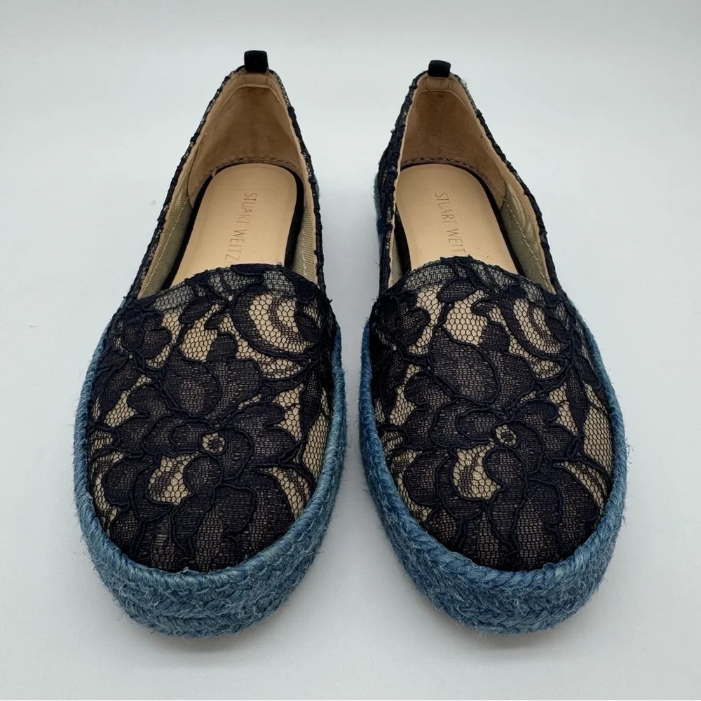 Stuart Weitzman Meshuga Navy Blue Floral Lace Espadrille Flats Size 5.5-6